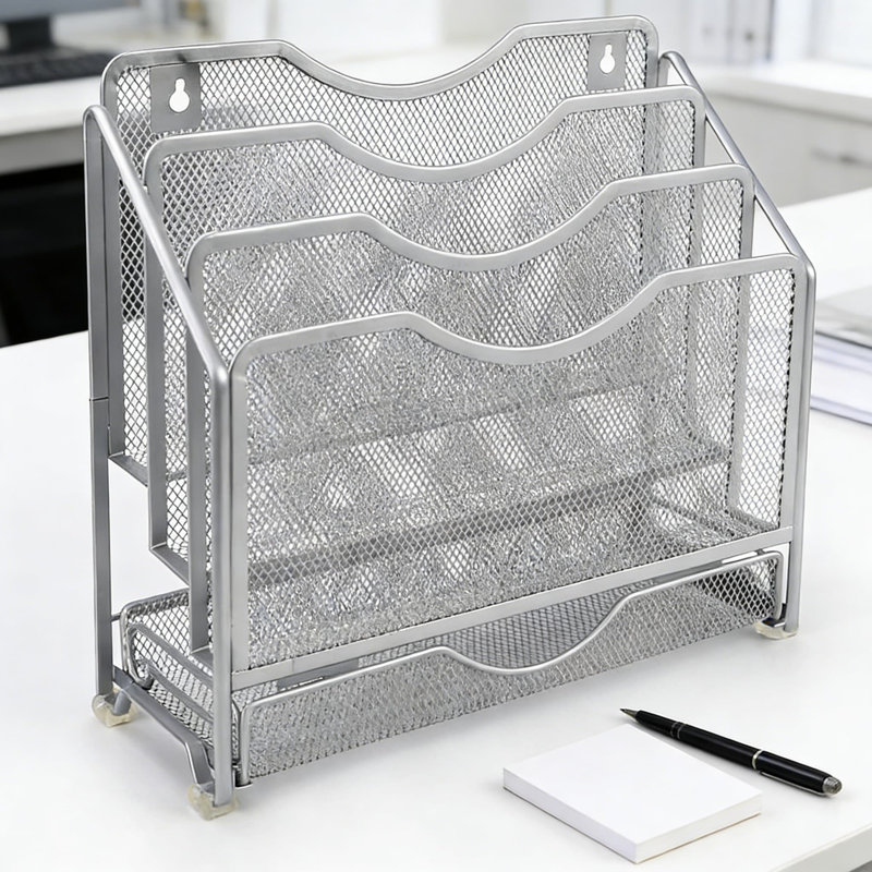 Organisateur de dossiers en filet et bureau mural avec 3 compartiments verticaux et un tiroir coulissant pour le rangement de documents de bureau
