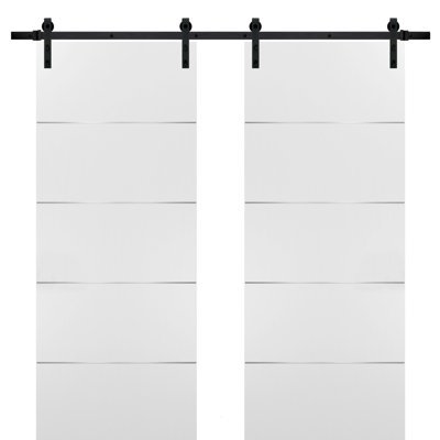 Portes coulissantes doubles de style grange avec quincaillerie Planum 0020 Blanc Soie, rail de 4 m (13 pi), supports robustes, ensemble moderne à panneaux pleins, pour intérieur, hall, chambre, salle de bain - 213 cm x 244 cm (84 po x 96 po) (2 x 107 cm x 264 cm [42 po x 96 po]) - Rail noir