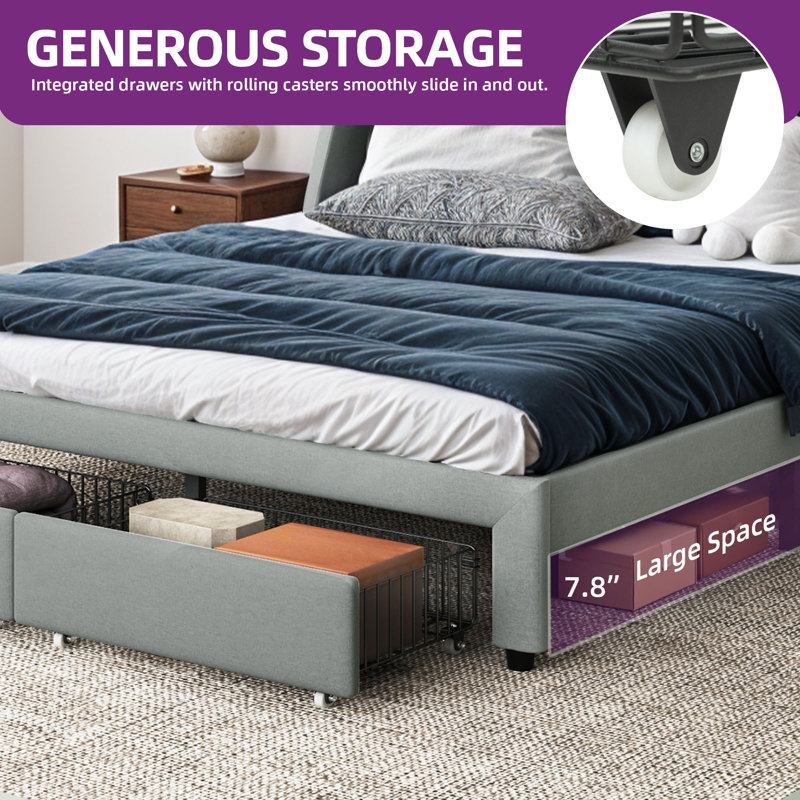 Genevi Storage Upholstered Bed with Built In USB Port, Grey