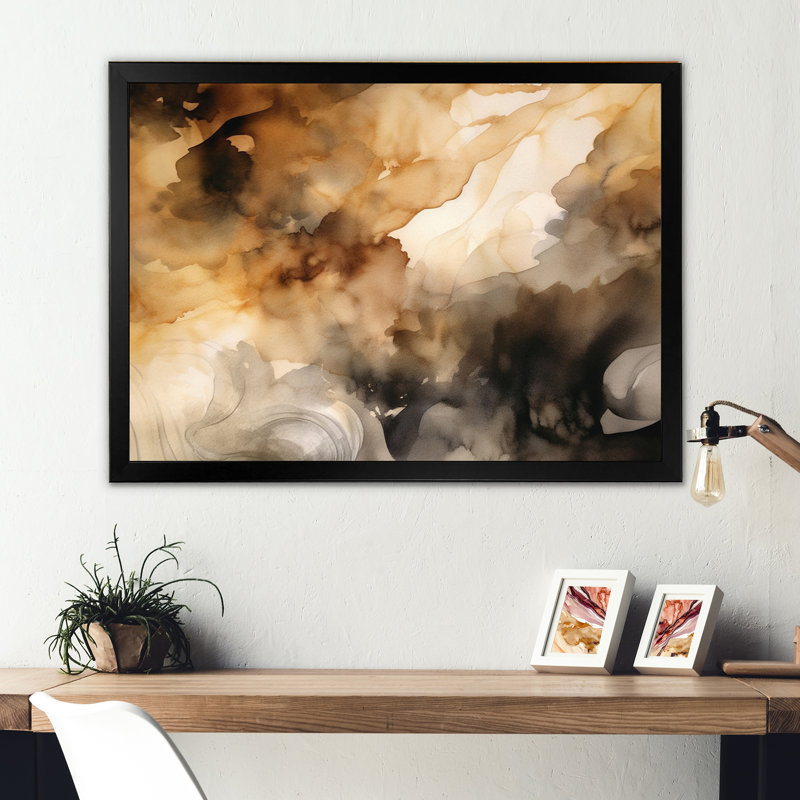 Brun et crème - Fluidité abstraite - art mural abstrait, Cadre simple noir, H 16 po x l 32 po x P 1 po