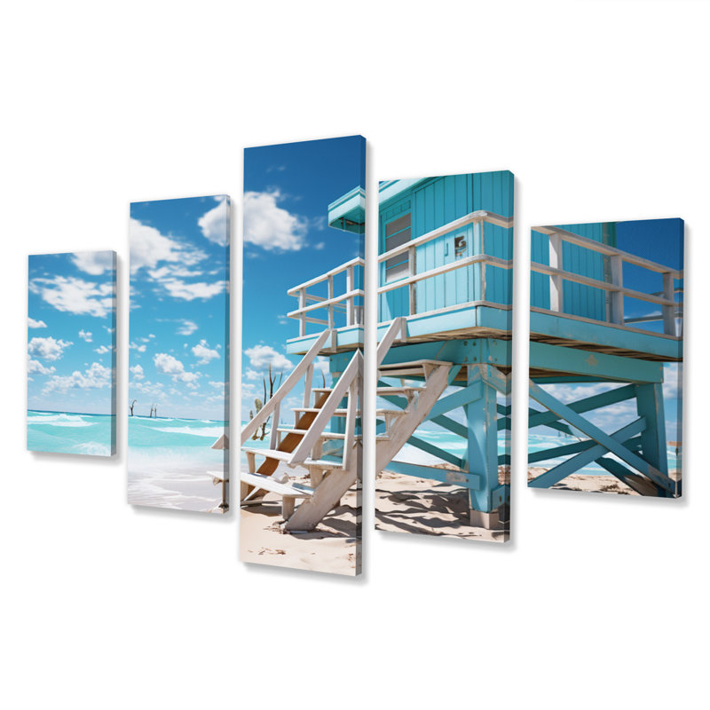Turquoise Miami Lifeguard Whispers II - Art mural sur toile nautique et plage - 5 panneaux
