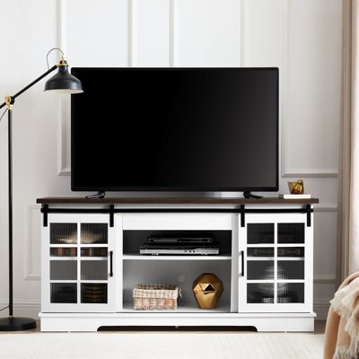 Grand meuble de rangement pour téléviseur avec portes coulissantes en verre, pour téléviseur de 65 po ou moins, support de porte blanc et brun, capacité de 65 po, l 59,13 po x P 15,94 po x H 27,8 po, tablettes réglables