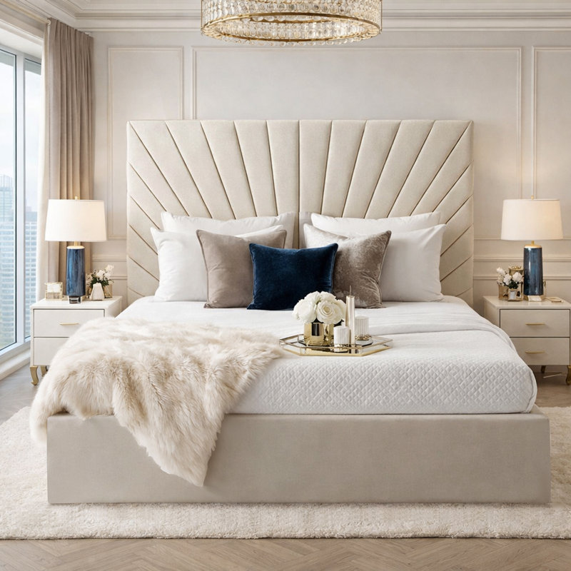 Upholstered Velvet Bed, Small Double (4'), Coffee