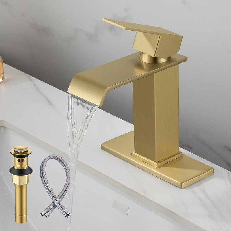 Robinet de salle de bain Waterfall - Robinet de meuble-lavabo monotrou en acier inoxydable avec drain escamotable et conduites d'alimentation