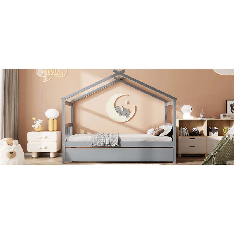Twin Gray Wooden House Bed With Trundle, Maximized Bedroom Space, Sky Roof For Fun, Pine Legs Space Guests, Frame, Feature