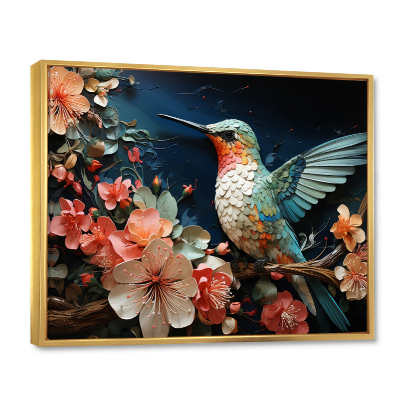 Teal Pink Hummingbird Harmony - Animals Canvas Wall Art, H 12 po x l 20 po x P 1 po, Cadre flottant doré