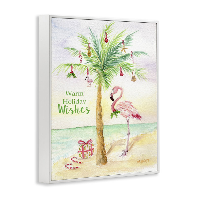 Palmier tropical de Noël flamant tropical, 30" H x 24" W, Giclée encadrée blanc bord de mer