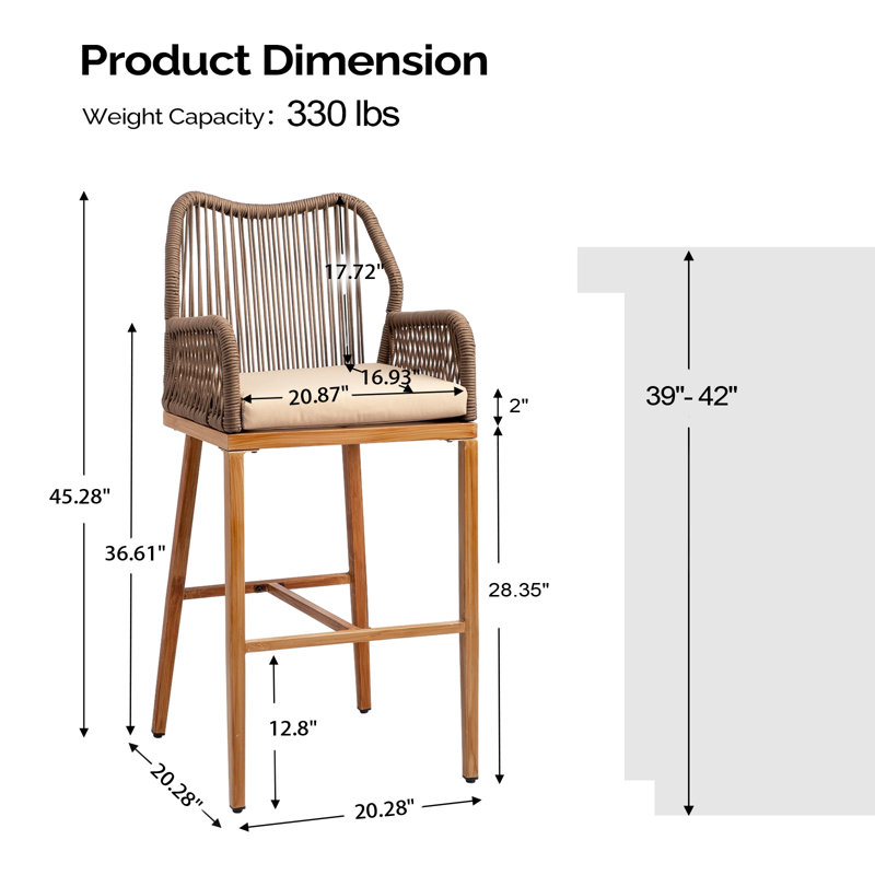 Tabouret de bar en rotin tissé avec structure en fer (paquet de 2), Brun