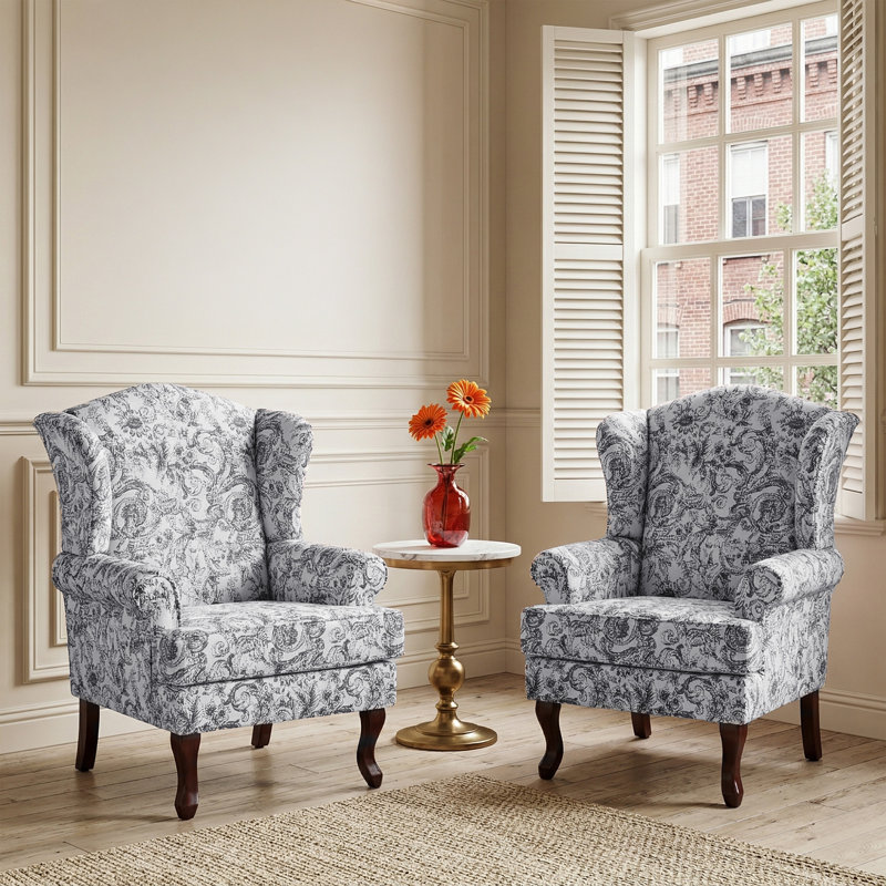 Duward Upholstered Rococo Black Chenille Wingback Accent Chair with Rolled Arm and Solid Wood Leg (Set of 2)