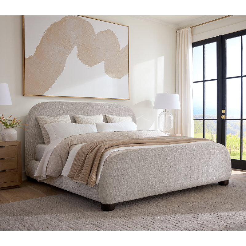 Cora Polyester Upholstered with Solid Oak Dark Cinder Wood Finish King Bed, Queen
