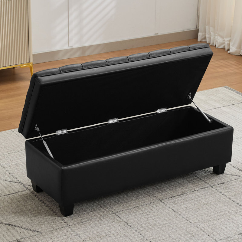 51" W Linen Upholstered Flip Top Storage Bench, Black
