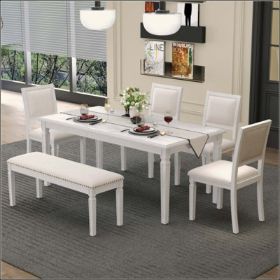Vintage Extendable Dining Table Set For 6 With 4 Chairs & Bench, Rustic Farmhouse Kitchen Table Set With Distressed Finish And Retro Carved Legs