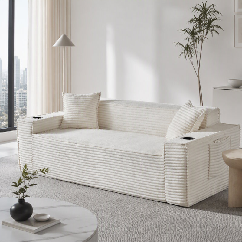 Canapé 3 places sans canapé, sans assemblage, parfait pour les salons compacts et les bureaux, 80.71" W, White Corduroy