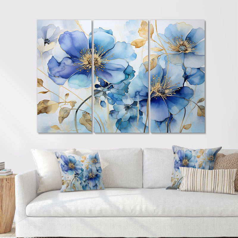 «Blue and Gold Adorned Violets - Violets», ensemble de reproduction d'art mural, Toile tendue, H 32 po x l 48 po x P 1 po