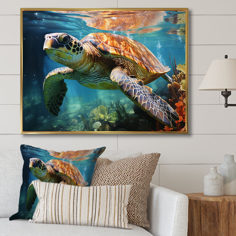 Tortue verte et bleue, animaux marins, art mural, H 16 po x l 32 po x P 1 po, Cadre flottant doré