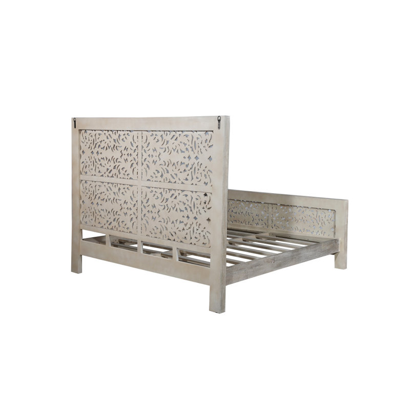 Gray Carved Scrollwork Distressed Solid Wood King Bed Frame