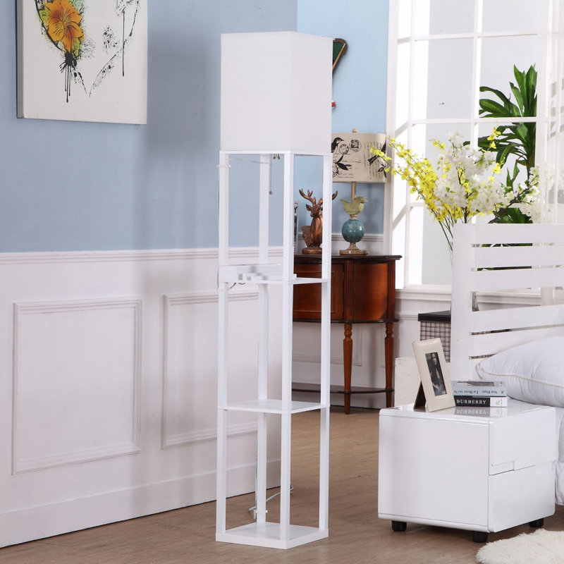 Maxwell 63 in. 3-Shelf USB-Charging LED Floor Lamp with Fabric Square Shade, White, White