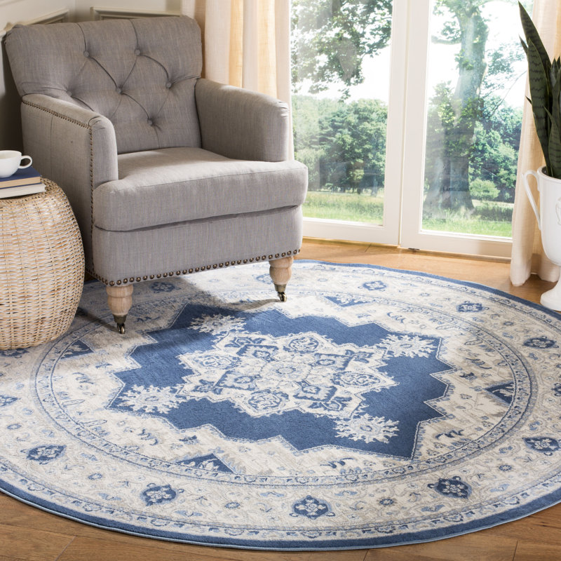 Tapis oriental bleu marine / crème Aurelle, Rond 6 pi 7 po
