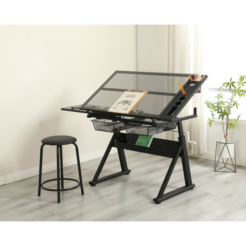 Table de dessin et d'impression en verre trempé réglable à la manivelle avec chaise et espace de rangement pour le salon, le bureau, la chambre à coucher