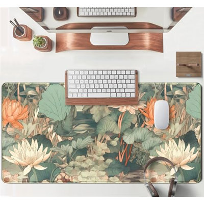 Light Emerald and Orange Floral Desk Mat, XXL Large Extended Mouse Pad Gaming Desk Pad, Aesthetic Asian Lotus Flower Big Laptop Keyboard and Mouse Mat for Women Desktop Office Decor, 15.7 x 35.4 inComes with a pure white mug as a gift