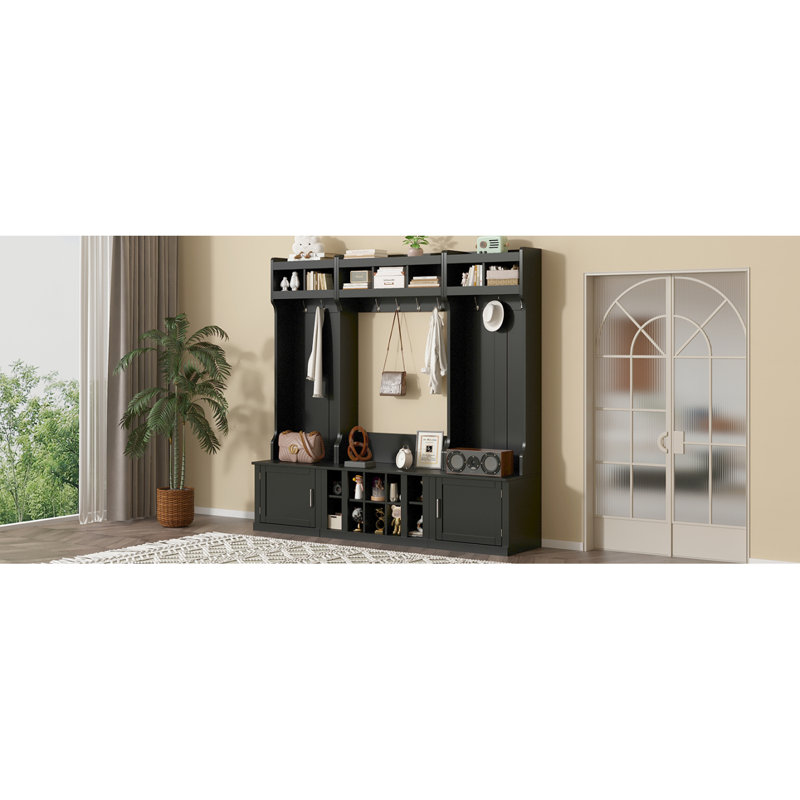 ON-TREND Wide Design Hall Tree With Storage And Bench, 4-IN-1 Multi-Functional Entryway Bench With Coat Rack And Shoe Cubbies, Practical Furniture For Hallway, Black(OLD SKU: SD000025AAB)