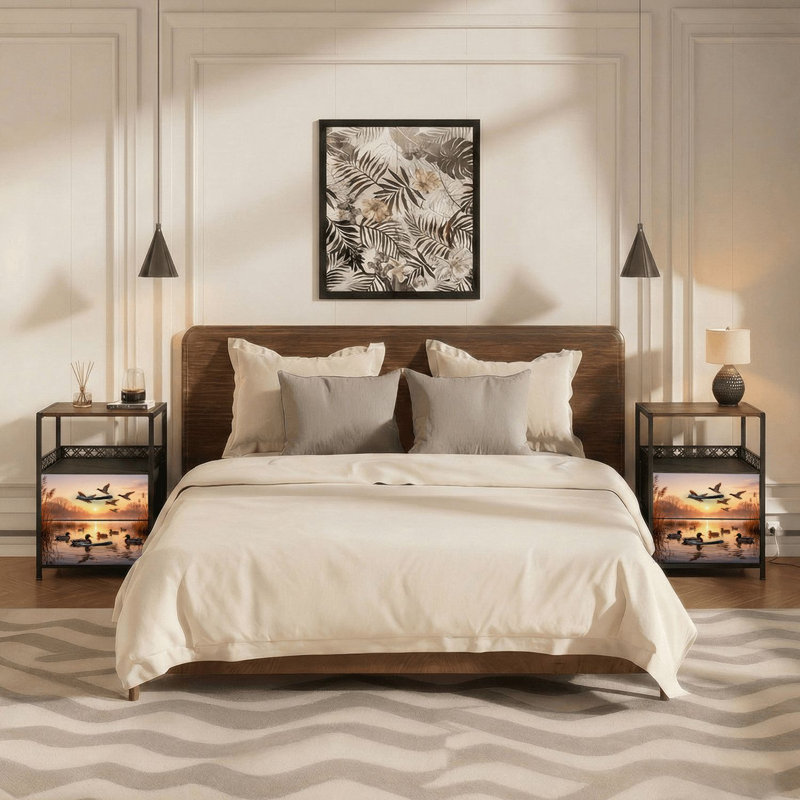 Table de chevet 2 tiroirs en tissu avec station de charge Mallard Ducks Serene Sunrise