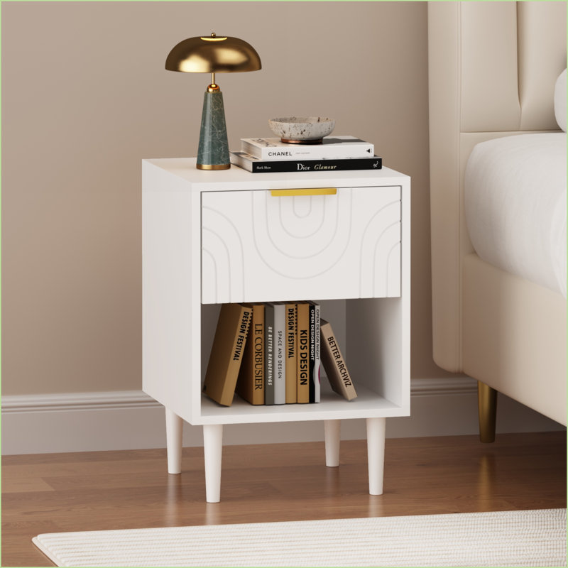 Table de chevet moderne blanche avec 1 tiroir & amp; Tablette ouverte, poignée dorée