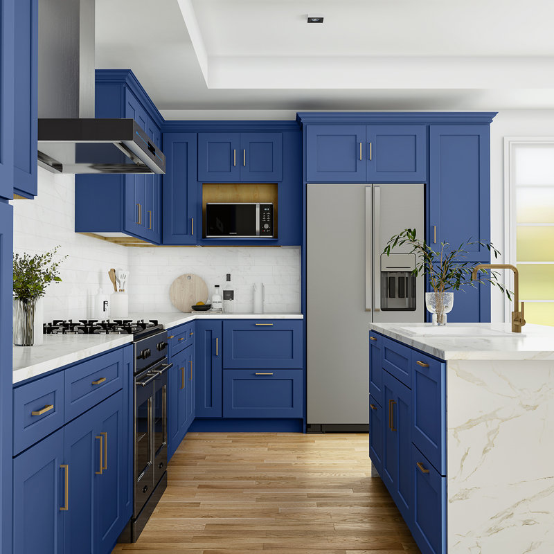 Armoire de cuisine en bois massif prête à assembler, 24", Bleu Shaker / 2 tiroirs