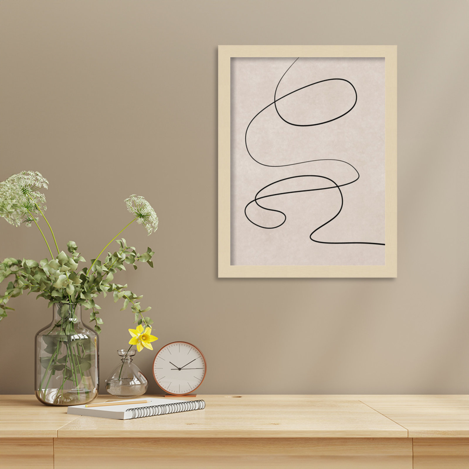 Black Line and Textured Beige Print, Brown, 17" H x 13" W