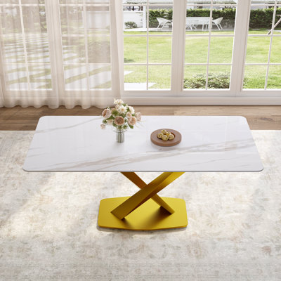 63''/71'' Modern Marble Dining Table For 6-8, Sintered Stone Table Top & X-Shaped Stainless Steel Base