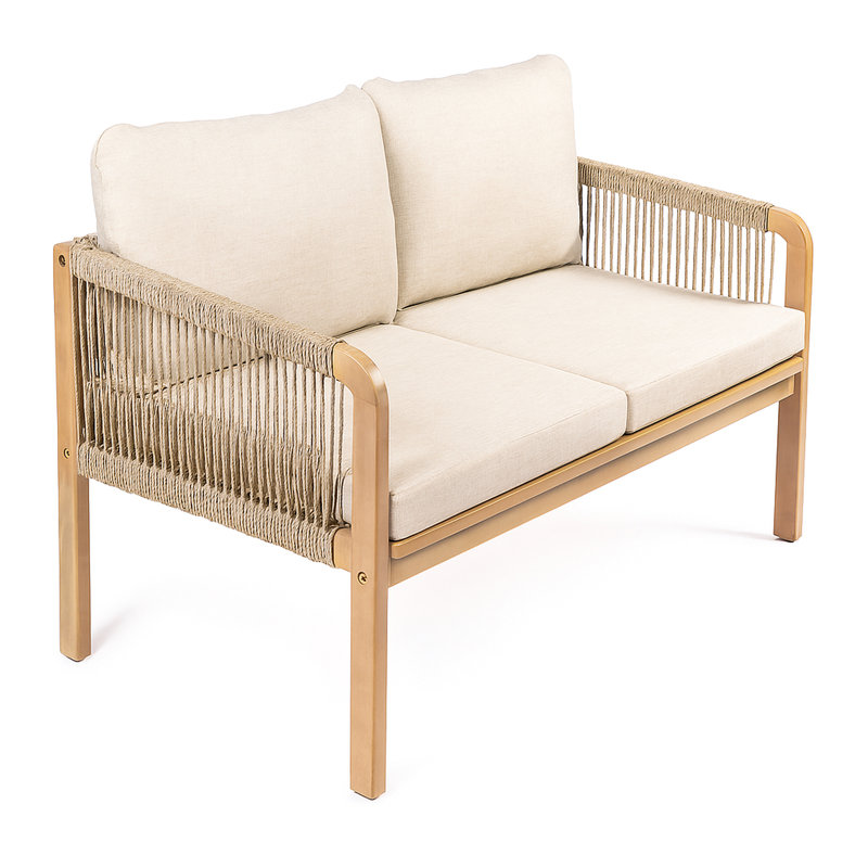 Arwen Bohemian Acacia Wood Outdoor Loveseat, 2-Seater Light Teak Patio Sofa Bench with Woven Rope Details and Beige Cushions for Porch, Balcony