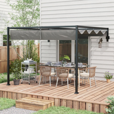 3 x 4 Meter Wall-Mounted Lean-To Pergola with Retractable Dark Grey Canopy, Weather-Resistant Powder-Coated Steel Frame, Outdoor Patio Shade Structure with Drainage Holes