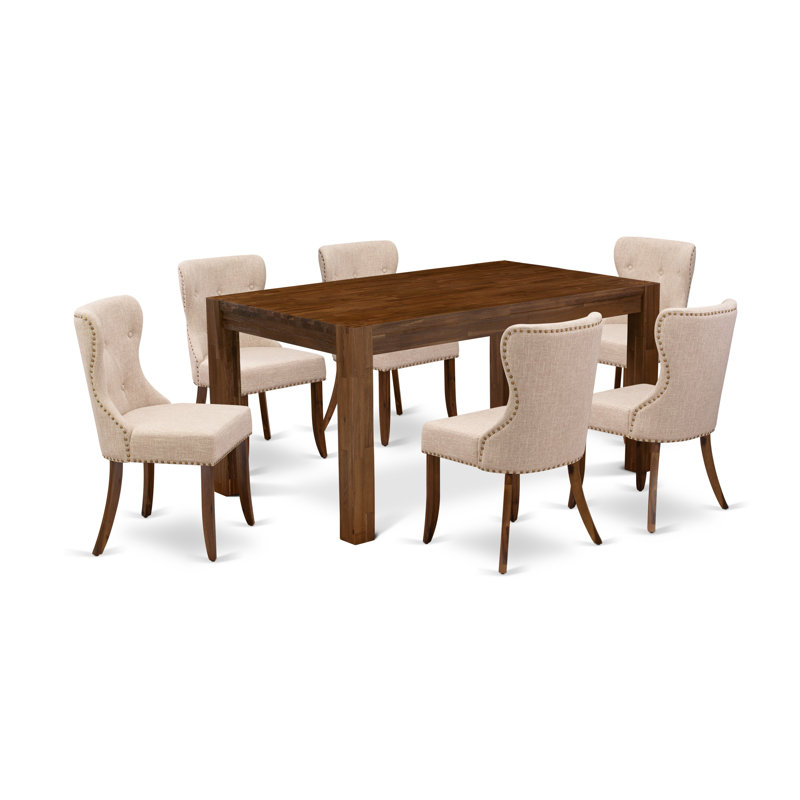 7 Piece Modern Dining Table Set Consist of a Rectangle Rustic Wood Table and 6 Light Tan Linen Fabric Upholstered Chairs, Antique Walnut 