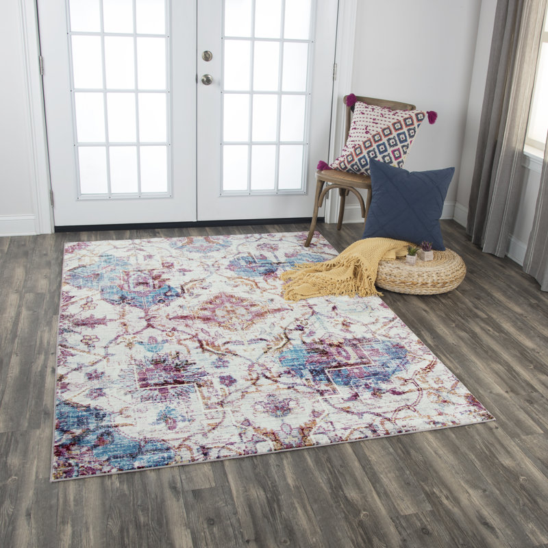 Tapis crème / rose / bleu Elliot, Rectangle 5 pi x 7 pi