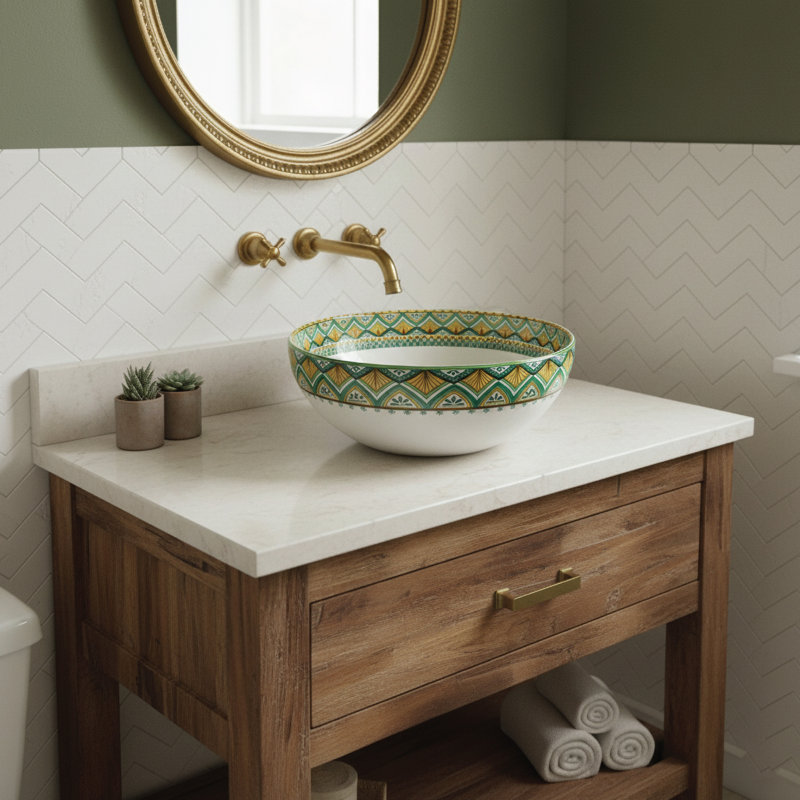 16" Round Artistic Ceramic Vessel Sink – Glossy Above-Counter Basin with Hand-Inspired Printed Pattern