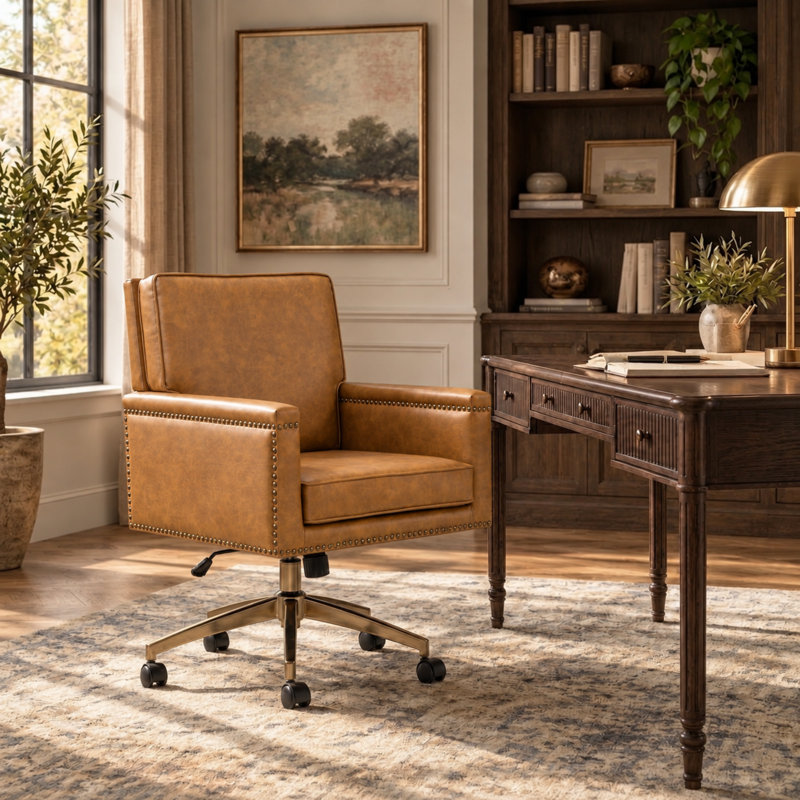 Chaise de bureau inclinable et pivotante à 360 ° en cuir avec transition cloutée, Camel
