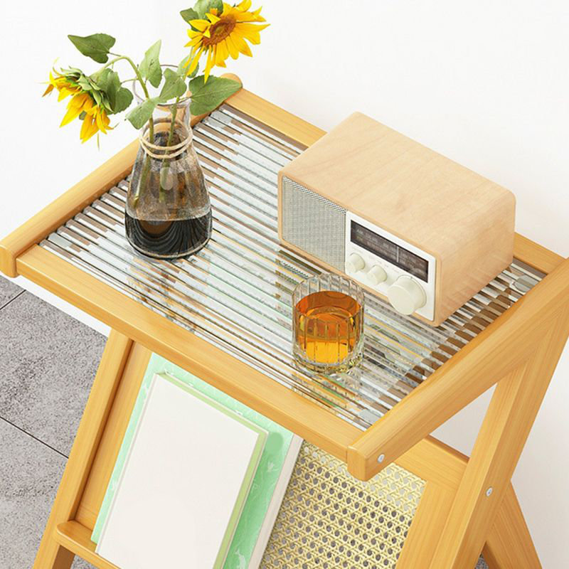 Solid Wood Side Table with Transparent Glass Top and Rattan Magazine Rack – End Table for Living Room & Bedroom, Brown