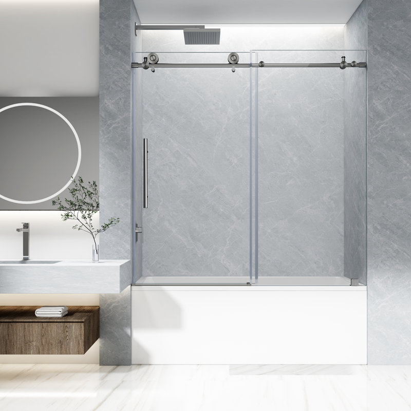 58"-60"W×60"H Single Sliding Frameless Shower Door With 5/16"Clear Tempered Glass, Stainless Steel