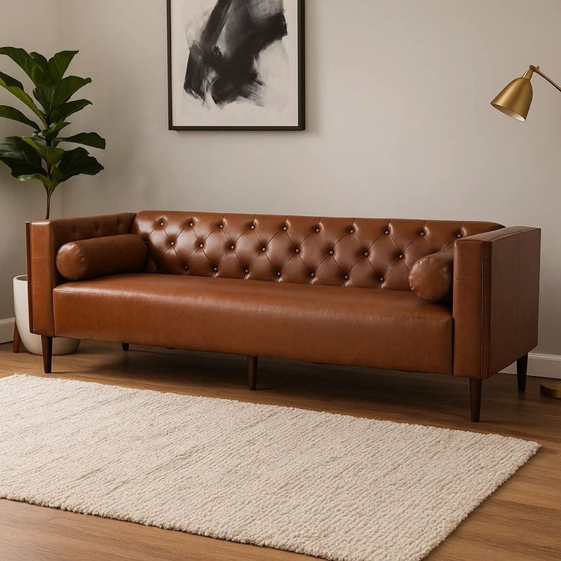 Biya Sofa, 3 Seater, 90 Inch, Tufted Brown Faux Leather, 2 Pillows, Brown