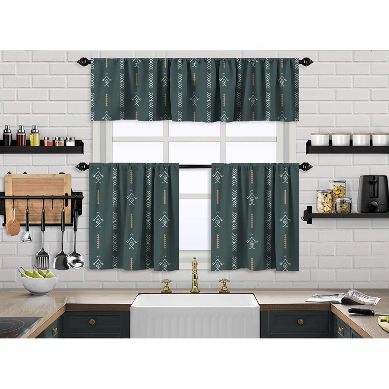 Boho Design Kitchen Valance (50X14) And 2 Tiers Cafe Curtains, Dark Green, 24" W x 30" L