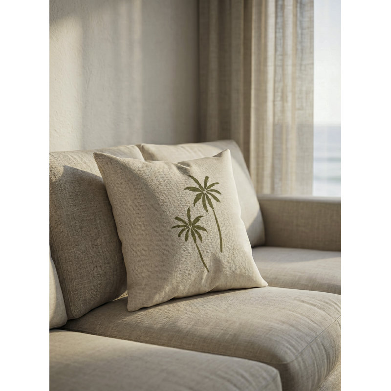 Palm Breeze Embroidered Linen Pillow, Down Alternative
