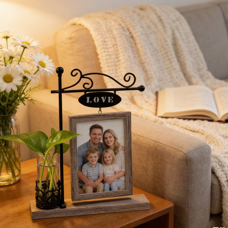 Black Metal Double-Sided Picture Frame with Glass Vase - Holds 2 Vertical 4x6 Photos, Rustic Wood Grain MDF Desktop Display, Hydroponics Plant Holder for Home Decor - Unique Wedding, Anniversary, Cat Lover Gift