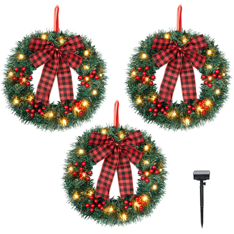Ensemble de 3 couronnes de Noël à énergie solaire de 14 pouces avec baies rouges et arcs pour la présentation du sol extérieur