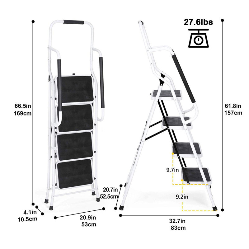 4 Step Ladder With Handrails 500 Lb Capacity Step Stool Folding Portable Ladders For Home Kitchen Steel Frame With Non-Slip Wide Pedal Stepladder With Attachable Tool Bag Black