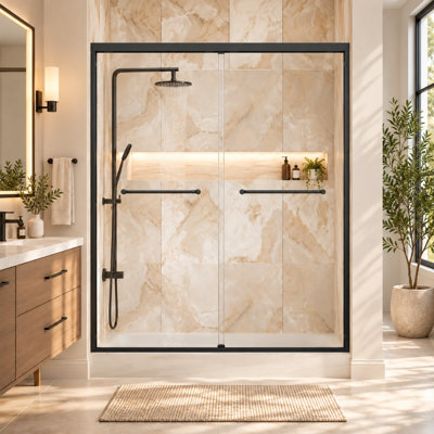 Porte de douche à double cadre coulissante de 44 à 48 po x H 72 po avec verre trempé 1/4 po (6 mm) et roulettes silencieuses