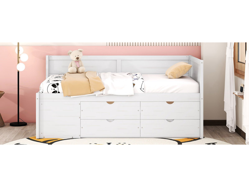 Lit de jour en bois avec tiroirs et tablettes ouvertes Barrin, Lit simple, Blanc