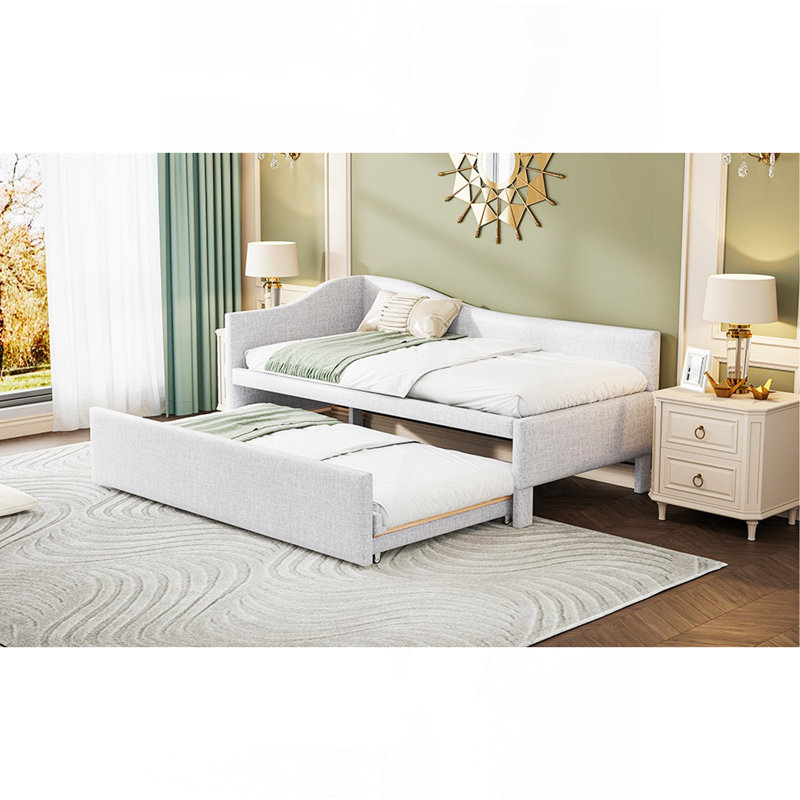 Twin Size Upholstered L-Shaped Upholstered Daybed With Pop Up Trundle, Beige, Beige