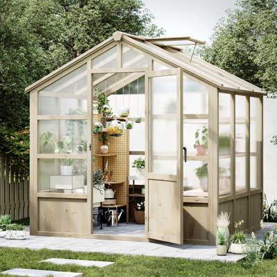 Wooden Greenhouse for Outdoors with Lockable Door, Wood Frame, Adjustable Vent & Heavy Duty Polycarbonate Panel for Garden or Yard, 8x6 FT (Light Brown)