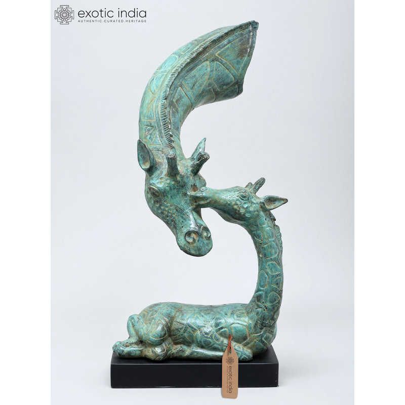  Sculpture laiton et mère girafe avec base en bois - Décoration intérieure