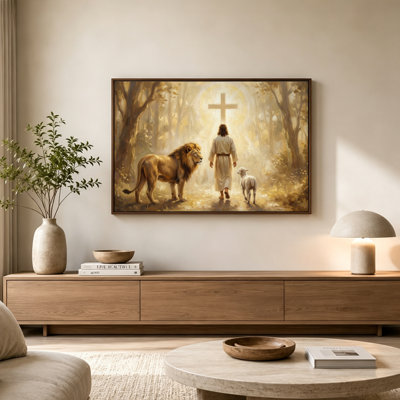 Lion and Lamb Good Shepherd Religious Art Floater Framed Canvas Wall Art Gold Floater Frame Print Inspirational 30" W x 20" H